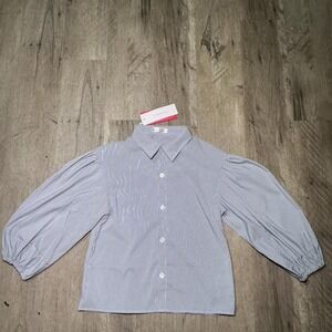 NWT Nell Beauty Blue Striped Puff Sleeve Button Up Blouse Size M Preppy